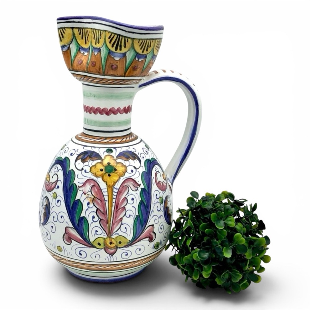 Italian Deruta Majolica Pottery Pitcher 1950s Large Floral Sangria Jug Italy MCM